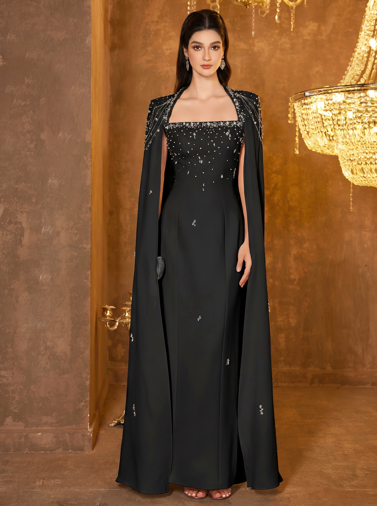 The Coralia Noir Cape Gown