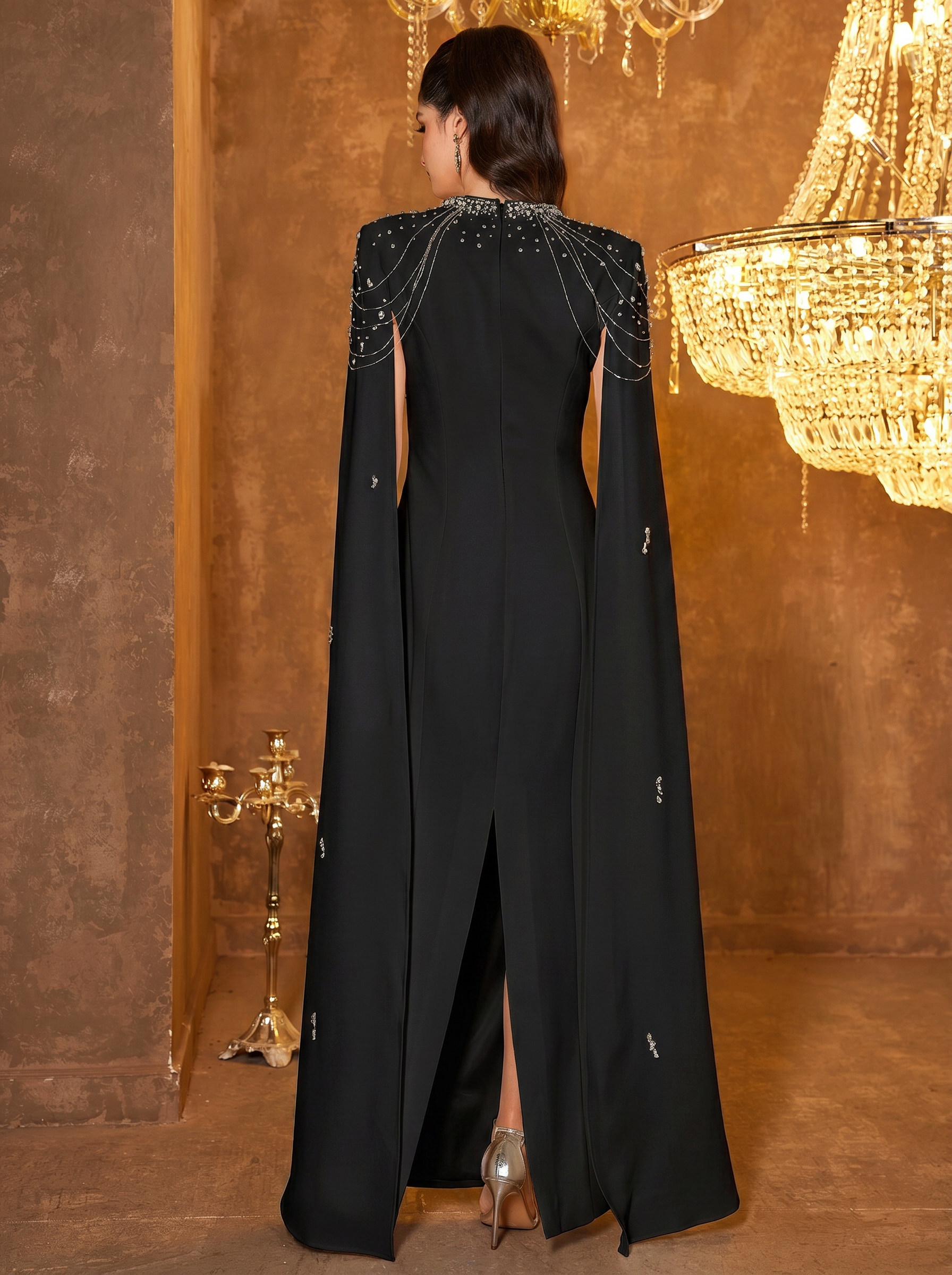 The Coralia Noir Cape Gown