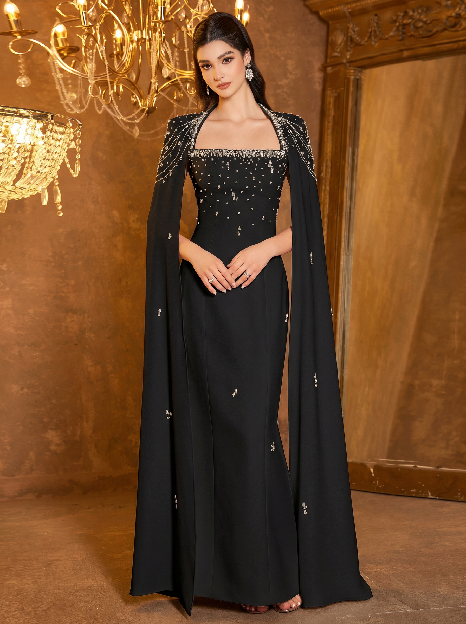 The Coralia Noir Cape Gown